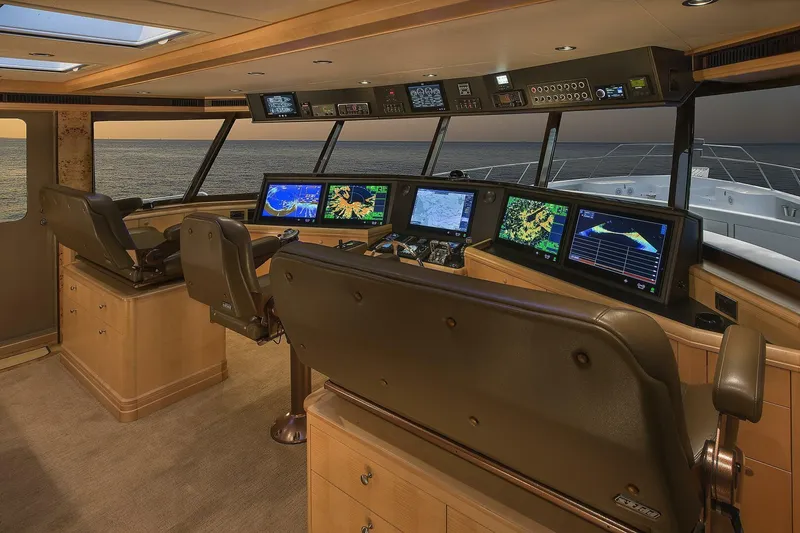 Cazador Yacht Photos Pics 2019 Nordlund Expedition Yachtfisher helm with advanced navigation systems and ocean view.