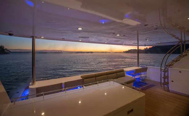 Cazador Yacht Photos Pics Luxurious 2019 Nordlund Expedition Yachtfisher at sunset, featuring spacious deck and serene ocean view.