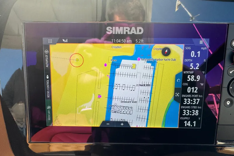  Yacht Photos Pics Simrad navigation display on 2023 Chaparral 347 SSX showing yacht club map.