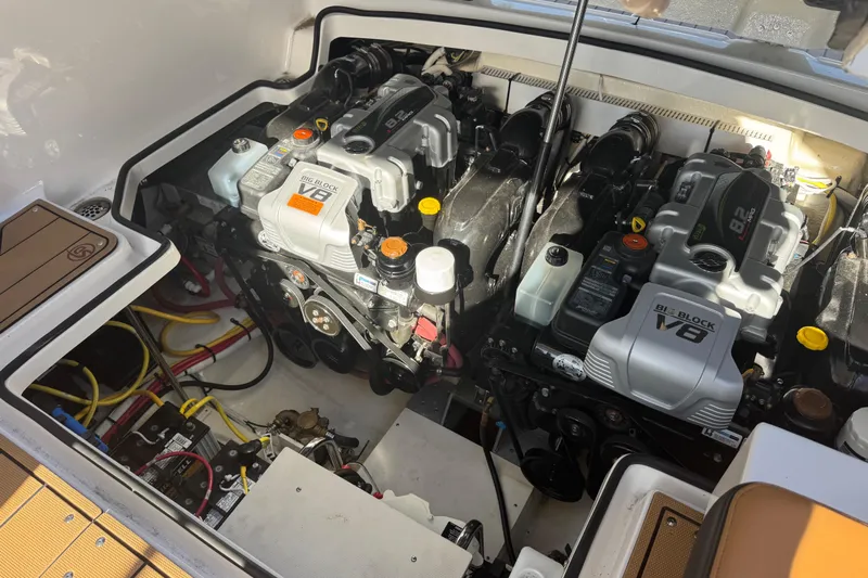  Yacht Photos Pics Engine compartment of 2023 Chaparral 347 SSX with dual V8 engines and wiring.