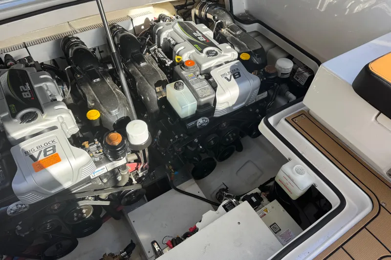  Yacht Photos Pics Engine compartment of 2023 Chaparral 347 SSX with dual V8 engines.