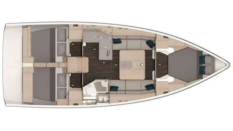 In Stock #108 Yacht Photos Pics 2025 Dufour 37 yacht interior layout with cabins, kitchen, and seating area.