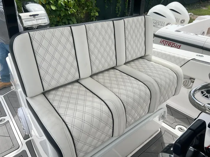  Yacht Photos Pics Luxurious seating on a 2021 Streamline 34CC boat with diamond-stitched upholstery.