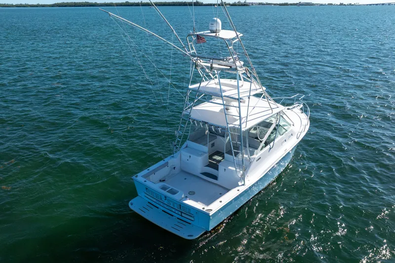 Reel Steel Yacht Photos Pics 2004 Cabo 35 Express boat on open water, showcasing sleek design and fishing tower.