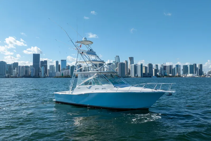 Reel Steel Yacht Photos Pics 2004 Cabo 35 Express boat on water with city skyline background.