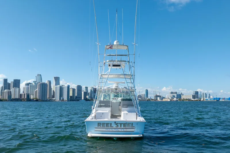 Reel Steel Yacht Photos Pics Cabo 35 Express 2004 boat on water with city skyline in background.