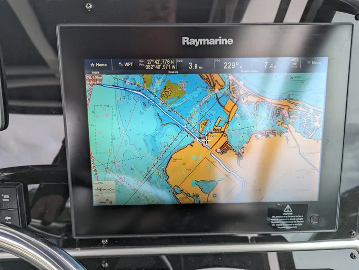 Boatanicals Yacht Photos Pics Raymarine navigation display on 2016 Stamas Aegean boat, showing nautical chart and route.