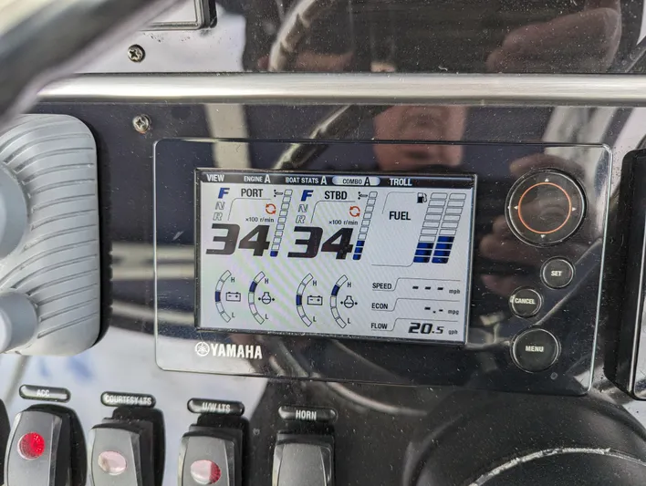 Boatanicals Yacht Photos Pics Yamaha display on 2016 Stamas Aegean boat showing engine and fuel data.