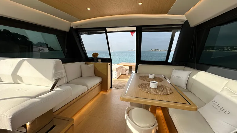 Kayenne Yacht Photos Pics Luxurious interior of 2023 Pardo Yachts GT 52 with ocean view.