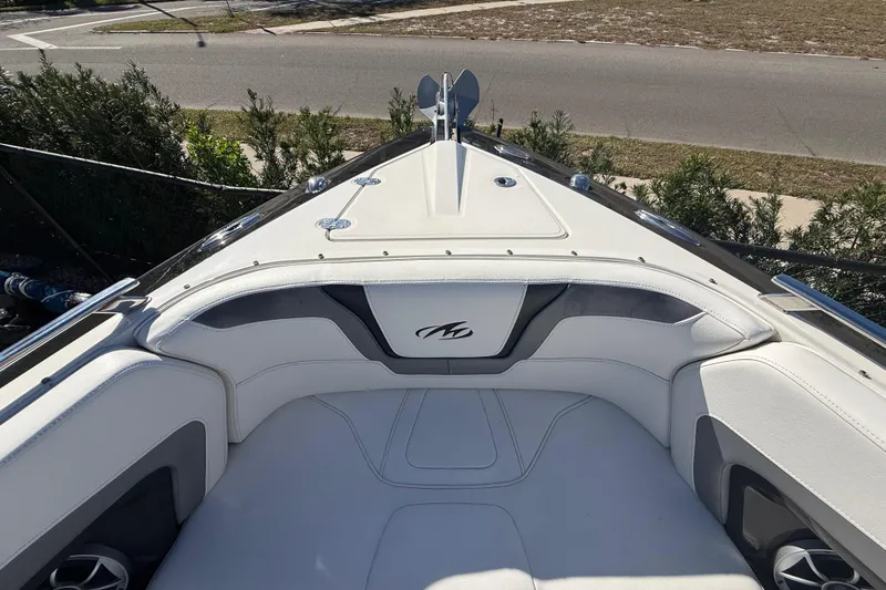  Yacht Photos Pics 2014 Monterey 328SS Super Sport boat interior with sleek white seating and modern design.