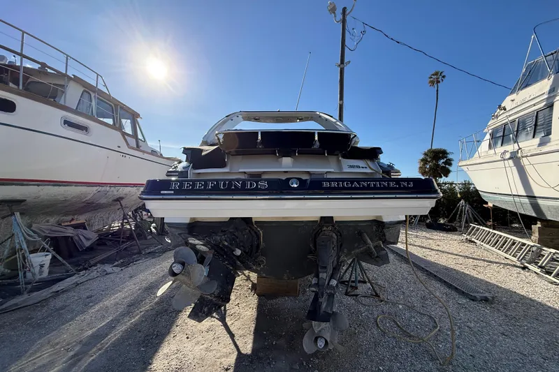  Yacht Photos Pics 2014 Monterey 328SS Super Sport boat in dry dock, Brigantine, NJ, sunny day.