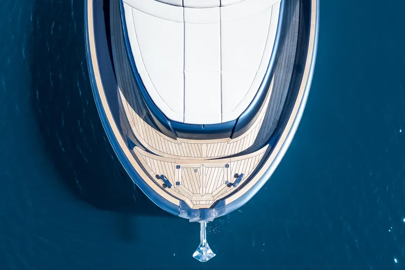 Salt Escape Yacht Photos Pics Overhead view of 2021 Solaris Power 48 OPEN yacht on blue water.