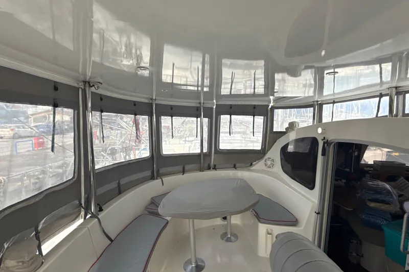  Yacht Photos Pics Interior of 2003 Fountaine Pajot Belize 43 catamaran with spacious seating and panoramic windows.