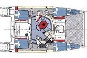  Yacht Photos Pics Floor plan of a 2003 Fountaine Pajot Belize 43 catamaran, showcasing interior layout.