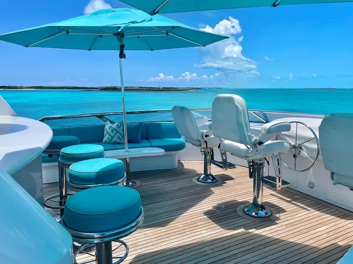 Relentless Yacht Photos Pics Luxurious deck of 2006 Westport Tri-Deck Motoryacht with turquoise seating.