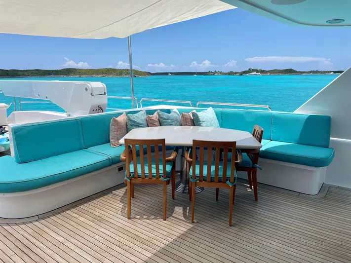 Relentless Yacht Photos Pics Luxurious outdoor area on 2006 Westport Tri-Deck Motoryacht with turquoise seating.