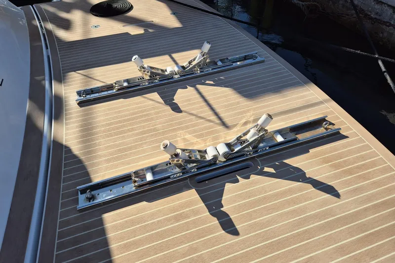  Yacht Photos Pics Deck of 2023 Pardo Yachts GT52 with sleek, modern fittings and wood finish.