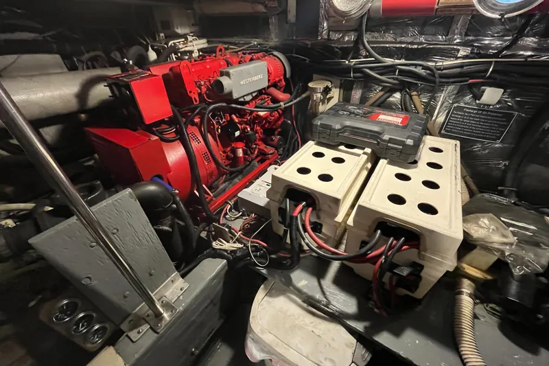 Possibilities Yacht Photos Pics Engine room of 1992 Tiara Yachts 4300 Open with Westerbeke generator and battery setup.