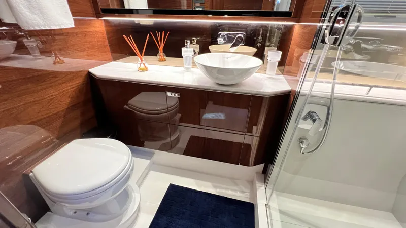 Sea Sea Elle Yacht Photos Pics Luxurious bathroom in 2019 Princess F62 yacht with modern fixtures and elegant design.