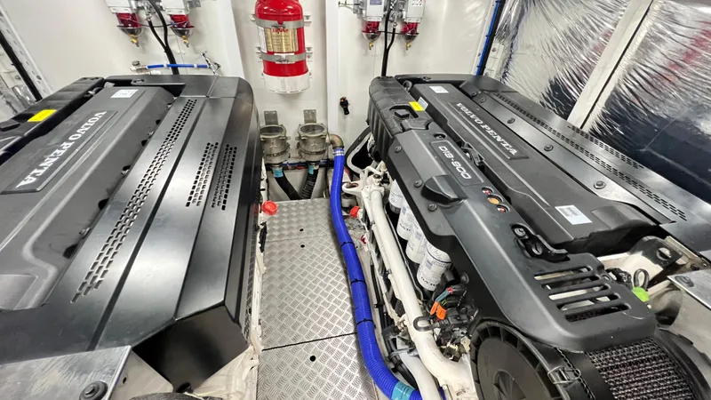 Sea Sea Elle Yacht Photos Pics Engine room of a 2019 Princess F62 yacht with Volvo Penta engines.