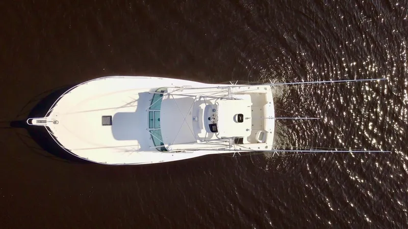 Steamer Yacht Photos Pics Aerial view of 2008 Albemarle 410 Express Fisherman boat on water.