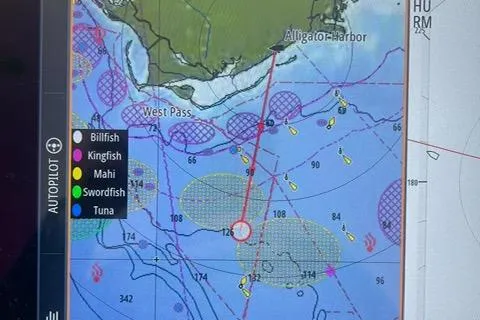 Steamer Yacht Photos Pics Nautical chart on Albemarle 410 Express Fisherman, 2008, showing fishing zones near Alligator Harbor.