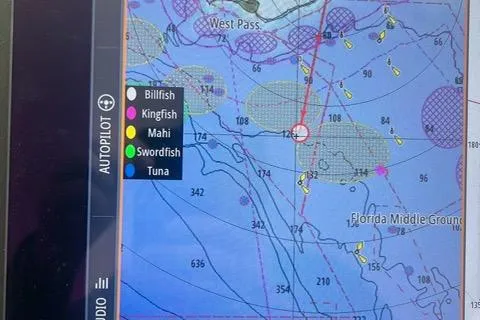 Steamer Yacht Photos Pics Nautical chart display on Albemarle 410 Express Fisherman, showing fishing zones and autopilot settings.