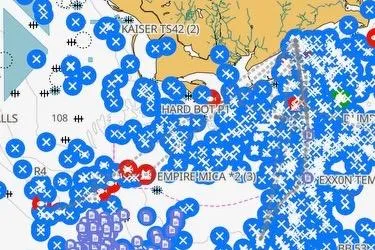 Steamer Yacht Photos Pics Nautical chart with numerous blue markers, highlighting fishing spots and navigation routes. Albemarle 410 Express Fisherman 2008.