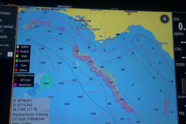 Steamer Yacht Photos Pics Nautical chart on Albemarle 410 Express Fisherman, 2008, showing fishing zones and sea conditions.