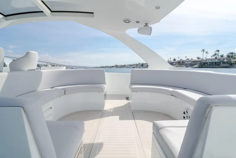 Catch & Release Yacht Photos Pics Luxurious 2017 Custom 60 yacht interior with sleek white seating and panoramic water views.