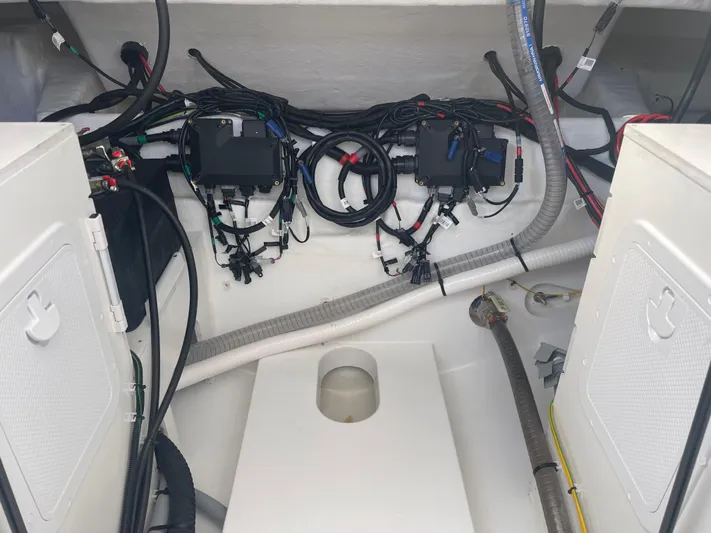  Yacht Photos Pics Engine compartment of 2024 Beneteau Gran Turismo 32, showcasing wiring and components.