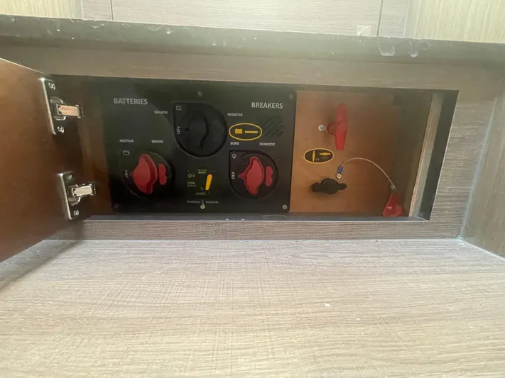  Yacht Photos Pics Control panel of 2024 Beneteau Gran Turismo 32, featuring battery and breaker switches.