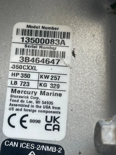  Yacht Photos Pics Label on Mercury Marine engine, model 350CXXL, for Beneteau Gran Turismo 32, 2024.