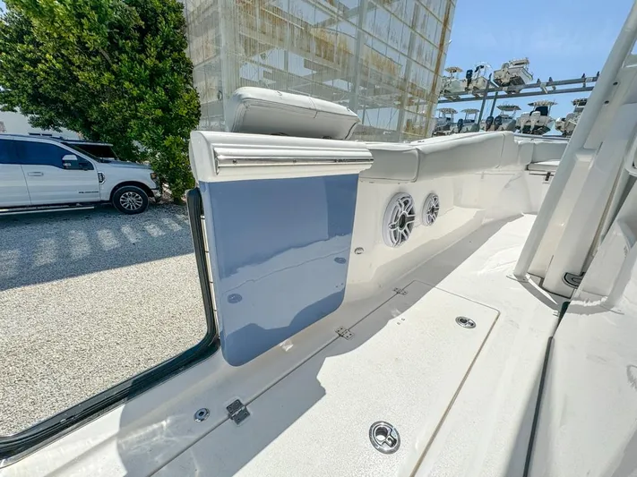  Yacht Photos Pics 2024 Sea Fox 288 Commander boat interior with seating and speakers.