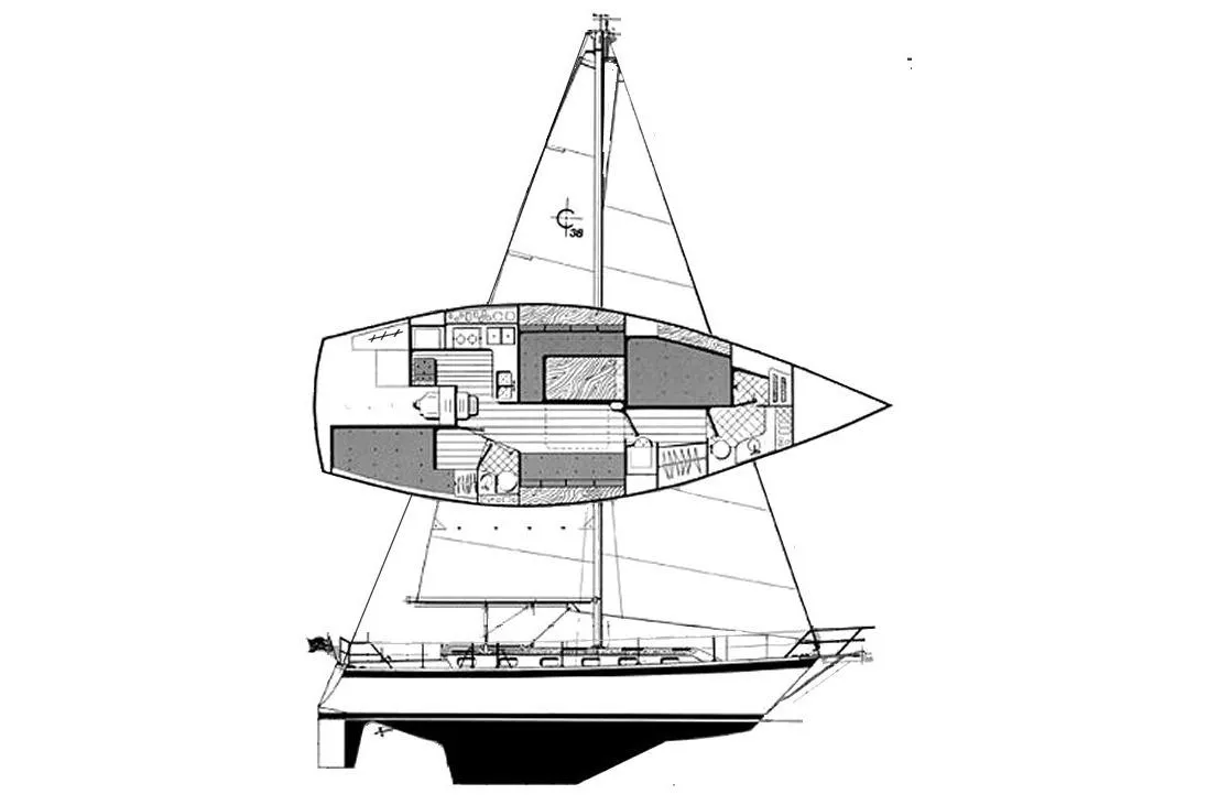Blueprint of 1988 Caliber 38 sailboat, showcasing interior layout and sail design.