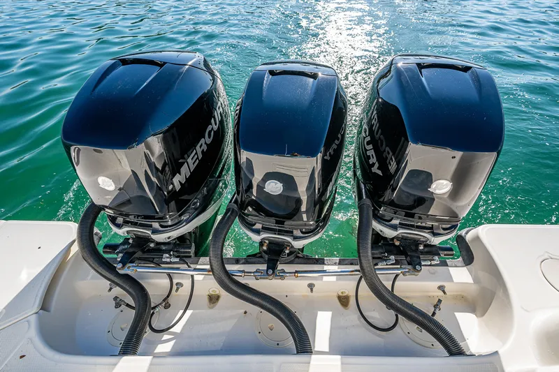  Yacht Photos Pics Triple Mercury outboard engines on a 2017 Boston Whaler 345 Conquest boat.
