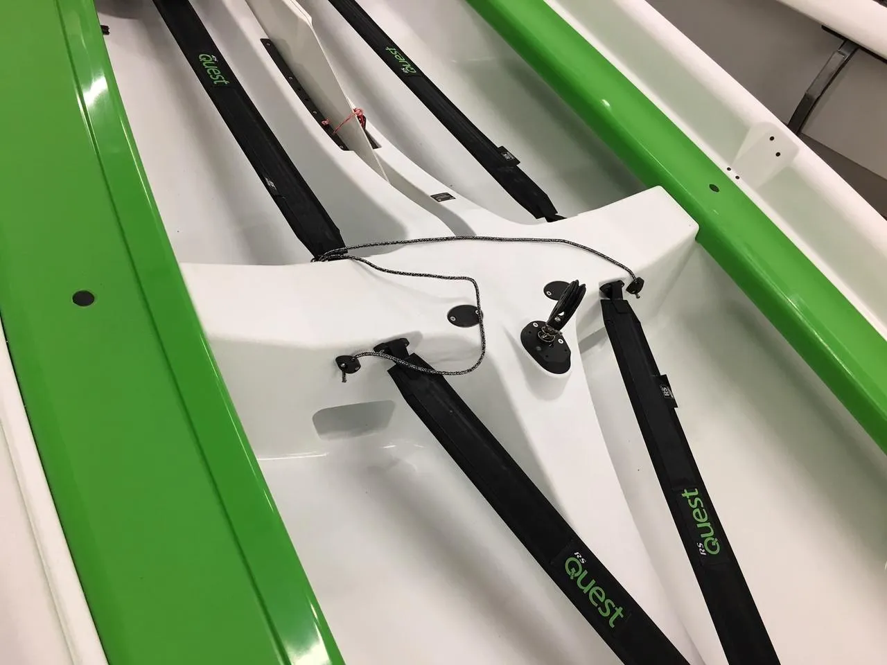 2025 RS Quest boat interior with green and white design, featuring rigging components.