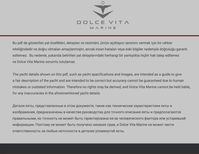  Yacht Photos Pics Princess F70 2019 yacht details disclaimer by Dolce Vita Marine in multiple languages.