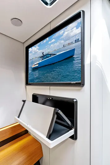  Yacht Photos Pics Interior of 2023 Wally WALLYPOWER58 yacht with modern TV and sleek design.