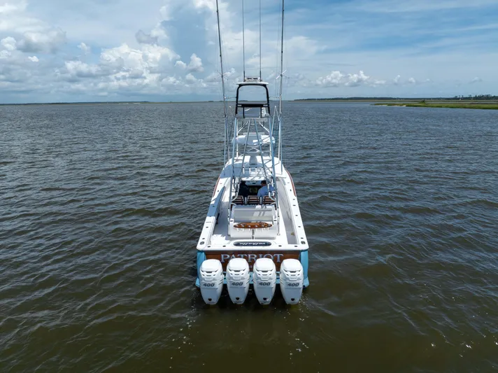 Patriot Yacht Photos Pics 2022 Valhalla Boatworks V41 on water, featuring four powerful outboard engines.