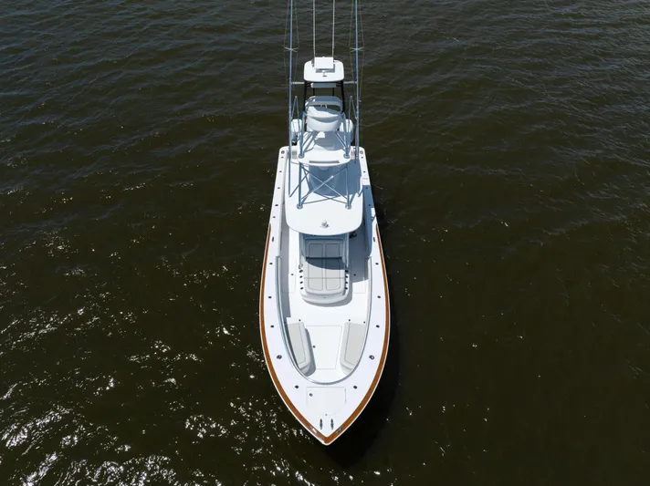Patriot Yacht Photos Pics 2022 Valhalla Boatworks V41 on open water, aerial view.
