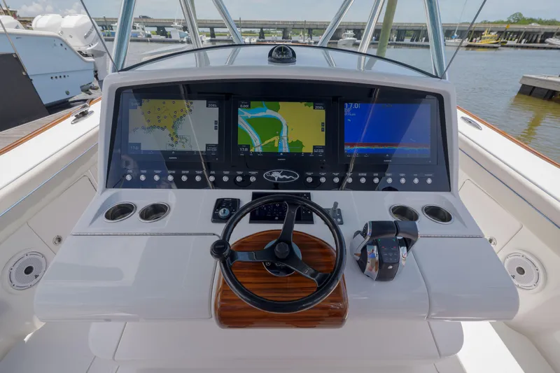 Patriot Yacht Photos Pics 2022 Valhalla V41 boat helm with advanced navigation displays and controls.