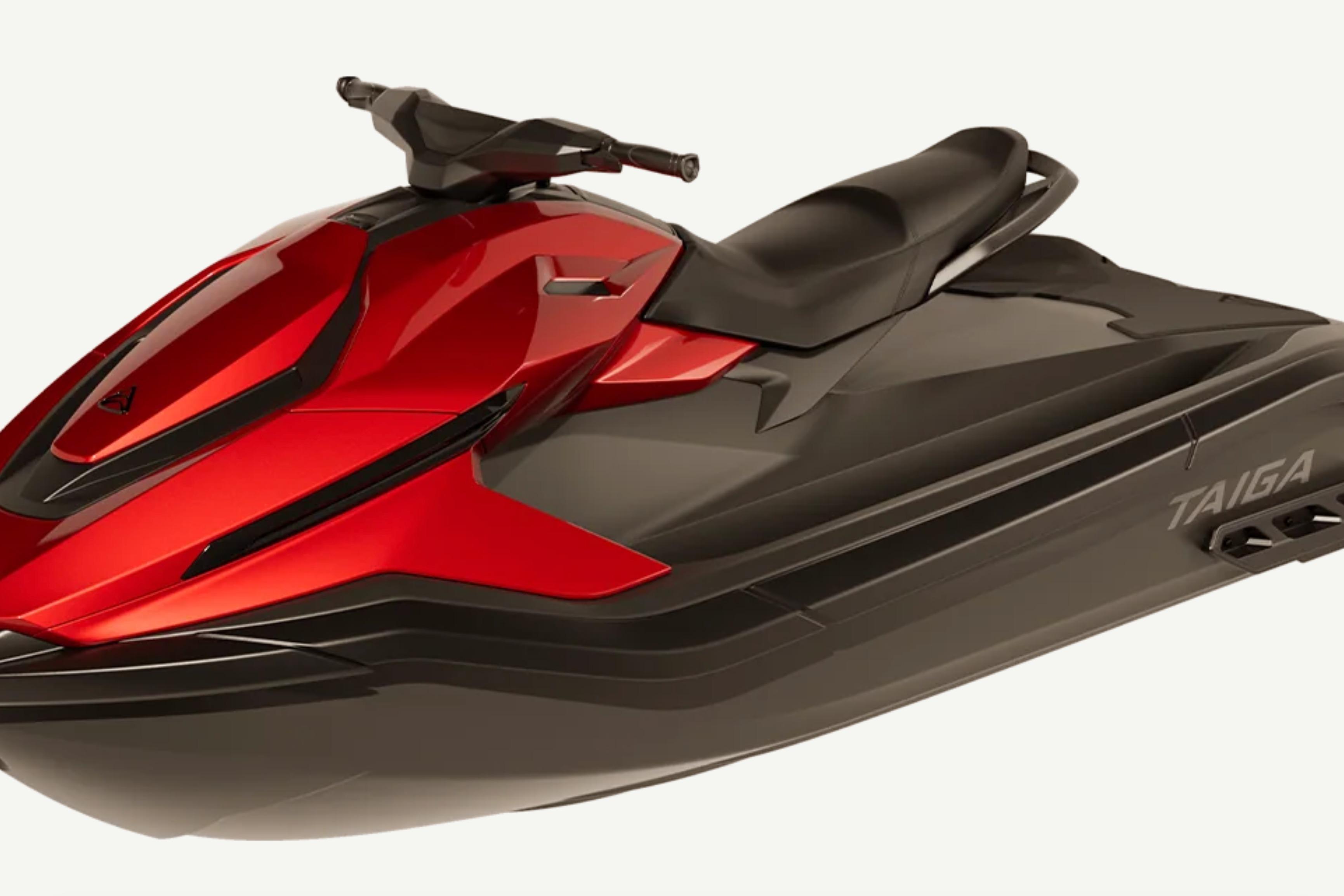 Red Taiga Orca P2 jet ski, 2025 model, side view.