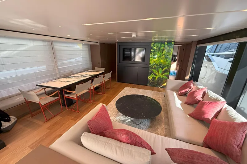 T-b Yacht Photos Pics Luxurious interior of 2022 Sanlorenzo SL96A yacht with modern decor and comfortable seating.