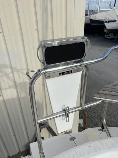 Royal Dawn Yacht Photos Pics Stainless steel boat accessory on a 2001 Hunter 460 yacht, featuring Edson branding.