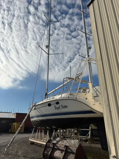 Royal Dawn Yacht Photos Pics 2001 Hunter 460 sailboat "Royal Dawn" on dry dock under a cloudy sky.