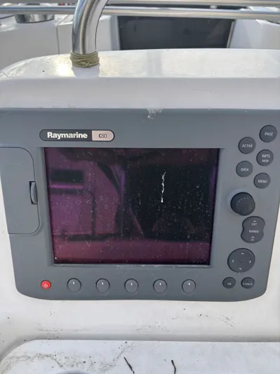 Royal Dawn Yacht Photos Pics Raymarine C80 navigation display on a 2001 Hunter 460 sailboat.