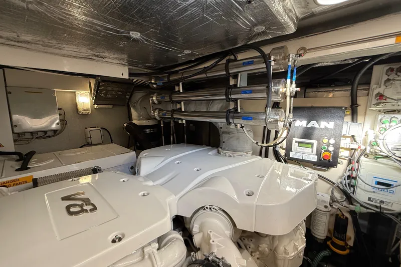 Thomas Yacht Photos Pics Engine room of 2012 Sunseeker Manhattan 63 yacht with V8 engine and control systems.