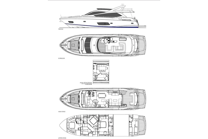 Thomas Yacht Photos Pics Blueprint of 2012 Sunseeker Manhattan 63 yacht, showing profile, flybridge, main, and lower decks.