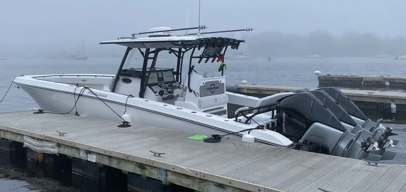  Yacht Photos Pics Fountain 38 Tournament Edition 2021 on a foggy dock.
